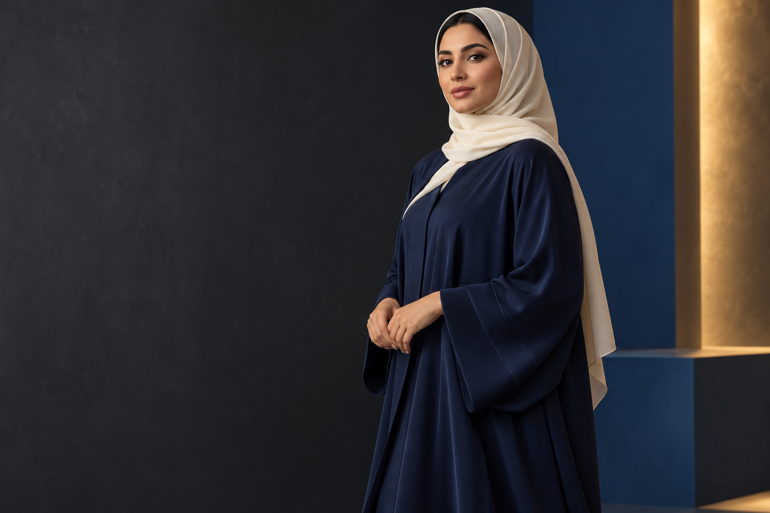 Editorial portrait in a modest navy outfit and ivory hijab